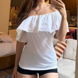 Who What Wear exaggerated ruffle one shoulder white cotton top French summer M